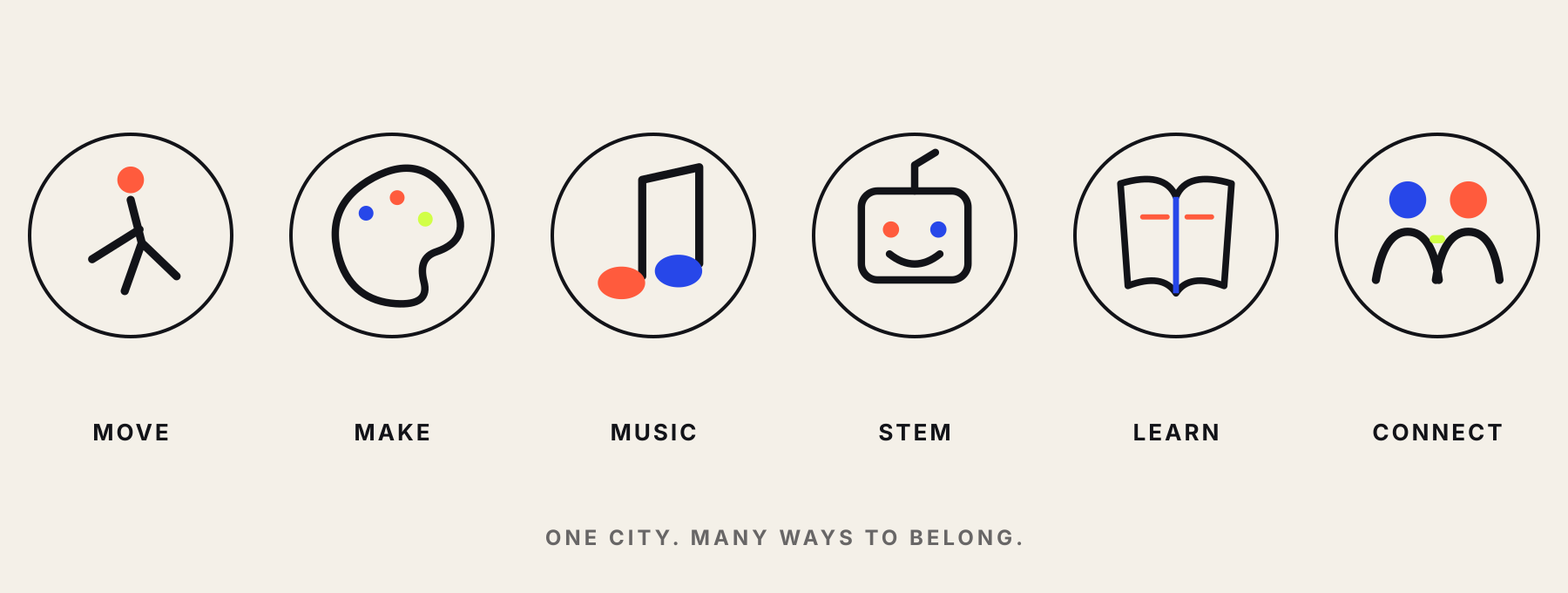Move. Make. Music. STEM. Learn. Connect. One city, many ways to belong.