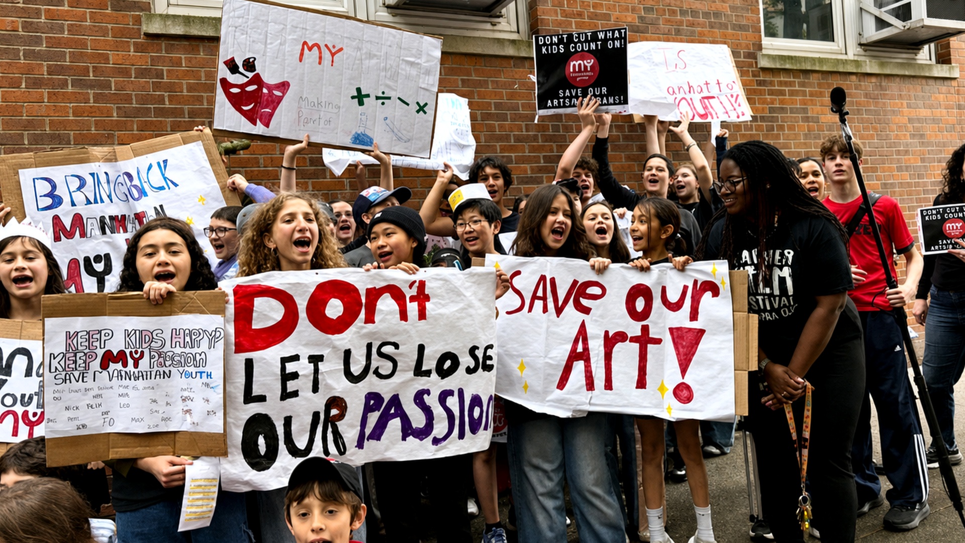 Students holding handmade signs reading 'Save Our Art' and 'Don't Let Us Lose Our Passion' at a rally outside Wagner High School, June 2026