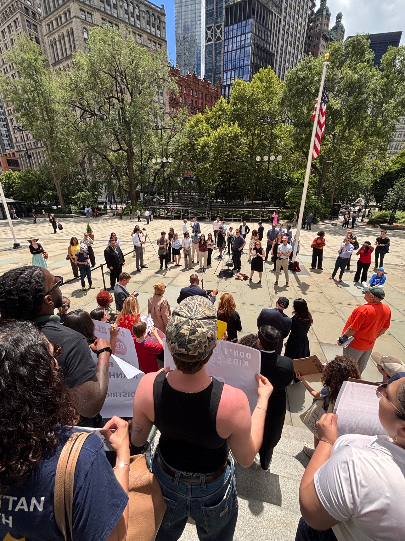 View from the steps: press and supporters in City Hall Park.